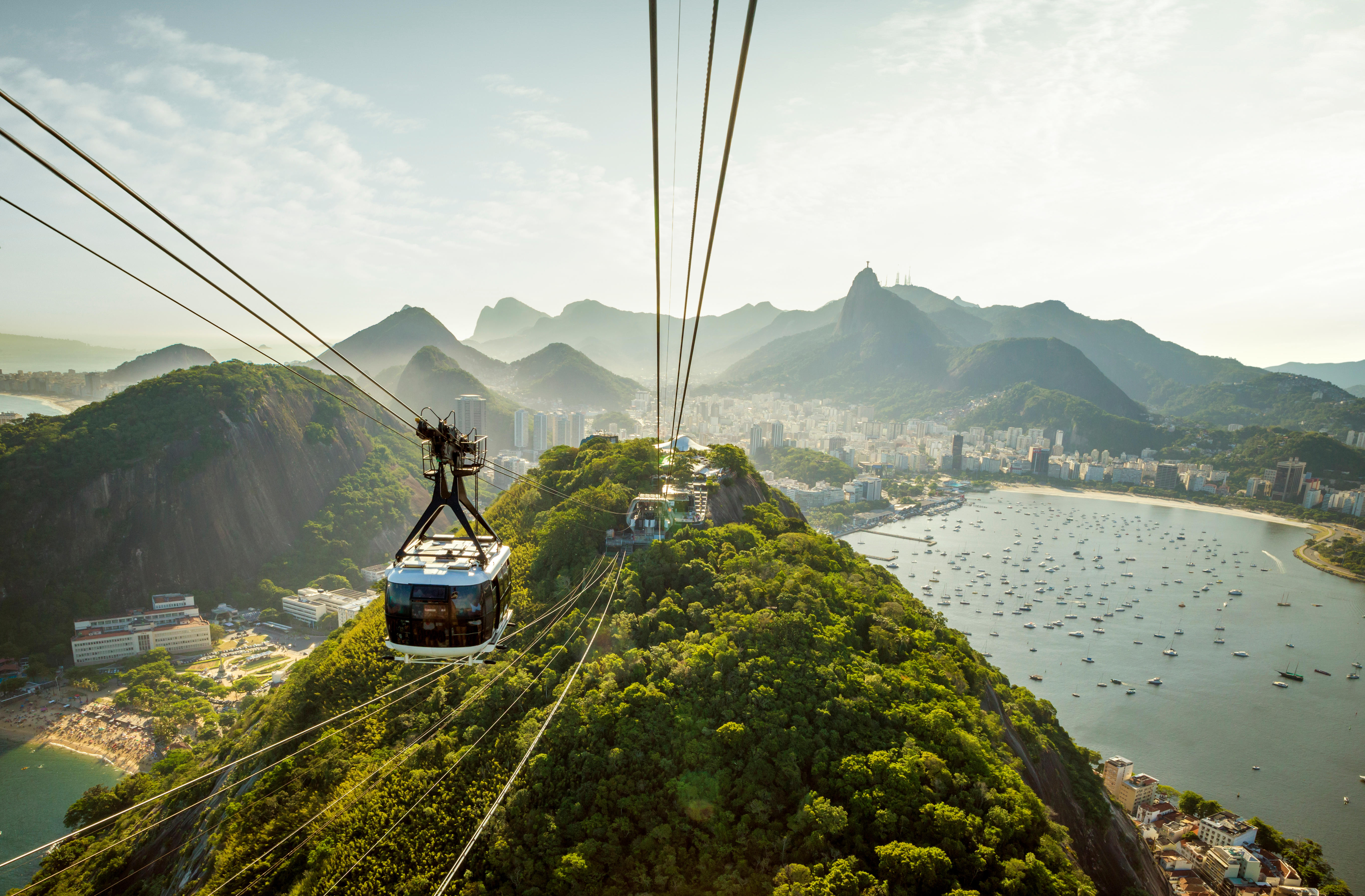 Cable car ascending Sugarloaf Mountain in Rio de Janeiro, Brazil.