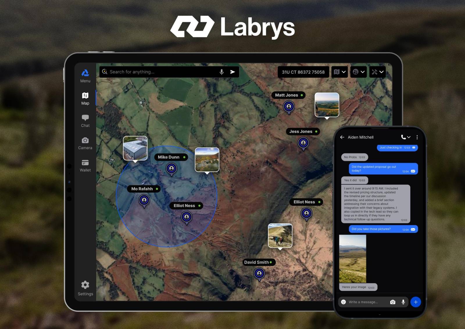 Labrys Axion software interface displaying team member locations and chat communication.